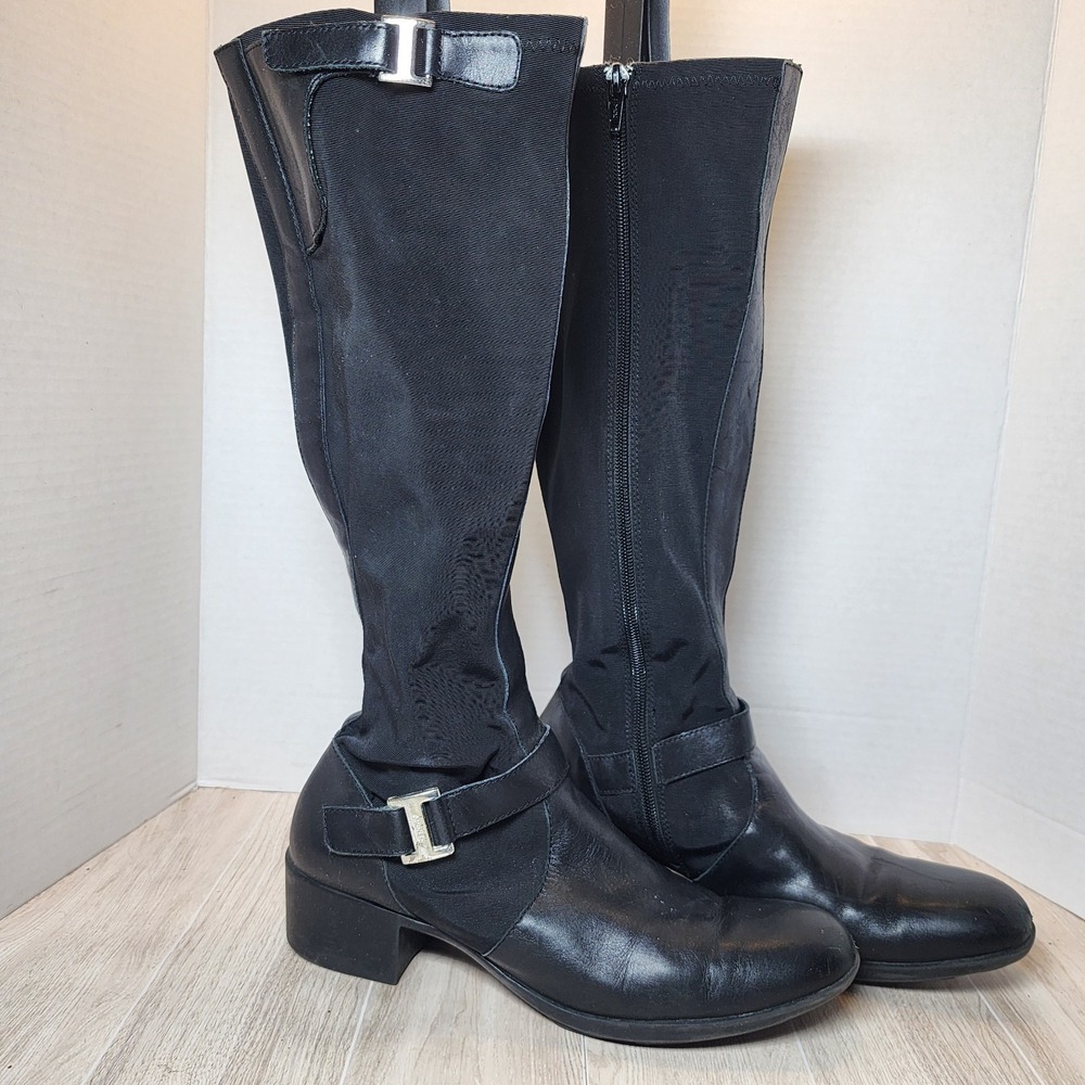Etienne Aigner Boots Women's SIZE 6.5 Black Roping Riding Buckles Heel - Picture 12 of 16